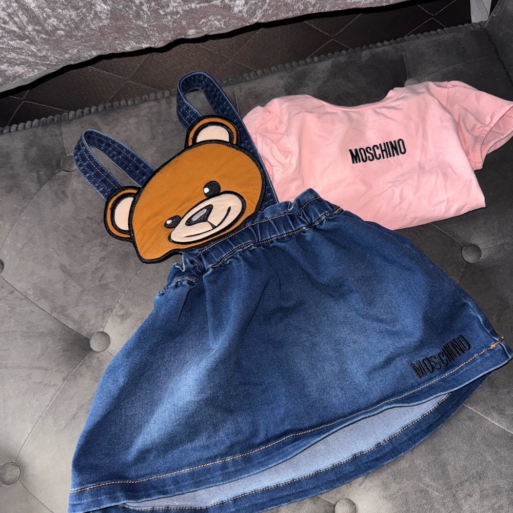 Moschino Pink Tee and Blue Denim Bear Pinafore Set